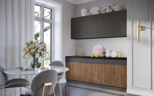 Фото Кухня Оливия NEW 2,0м, Экзотическое дерево Амазония / Графит софт NEW Кастилло темный