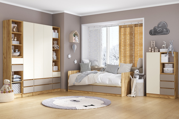 Фото Шкаф комбинированный Челси Color, Слоновая кость, Глиняный серый, Дуб крафт