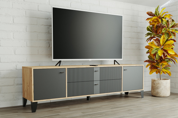 Фото Тумба под телевизор Парус-10, Дуб крафт золотой, Карбон вулкан