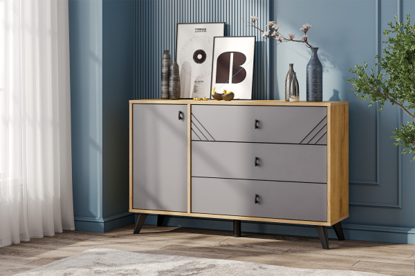 Фото Комод 3 ящика Байкал (со створкой), Дуб Золотой, Графит