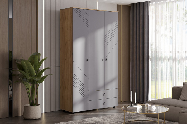 Фото Шкаф трехстворчатый с ящиками Байкал, Дуб Золотой, Графит