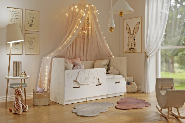 Фото Кровать Юниор-4 (1,6х0,8м), Шарли Белый, Дуб Крафт Белый