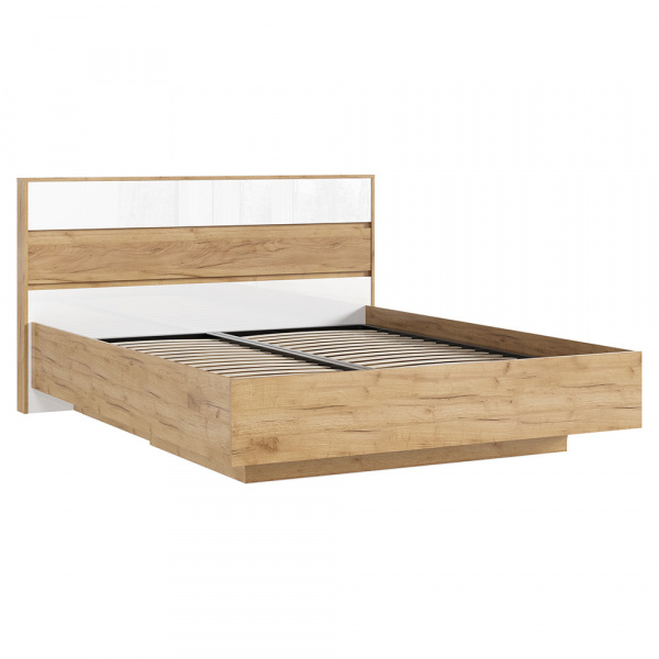 Фото Кровать парящая с ортопедическим основанием (металл) Роджина, Белый глянец холодный, Дуб крафт