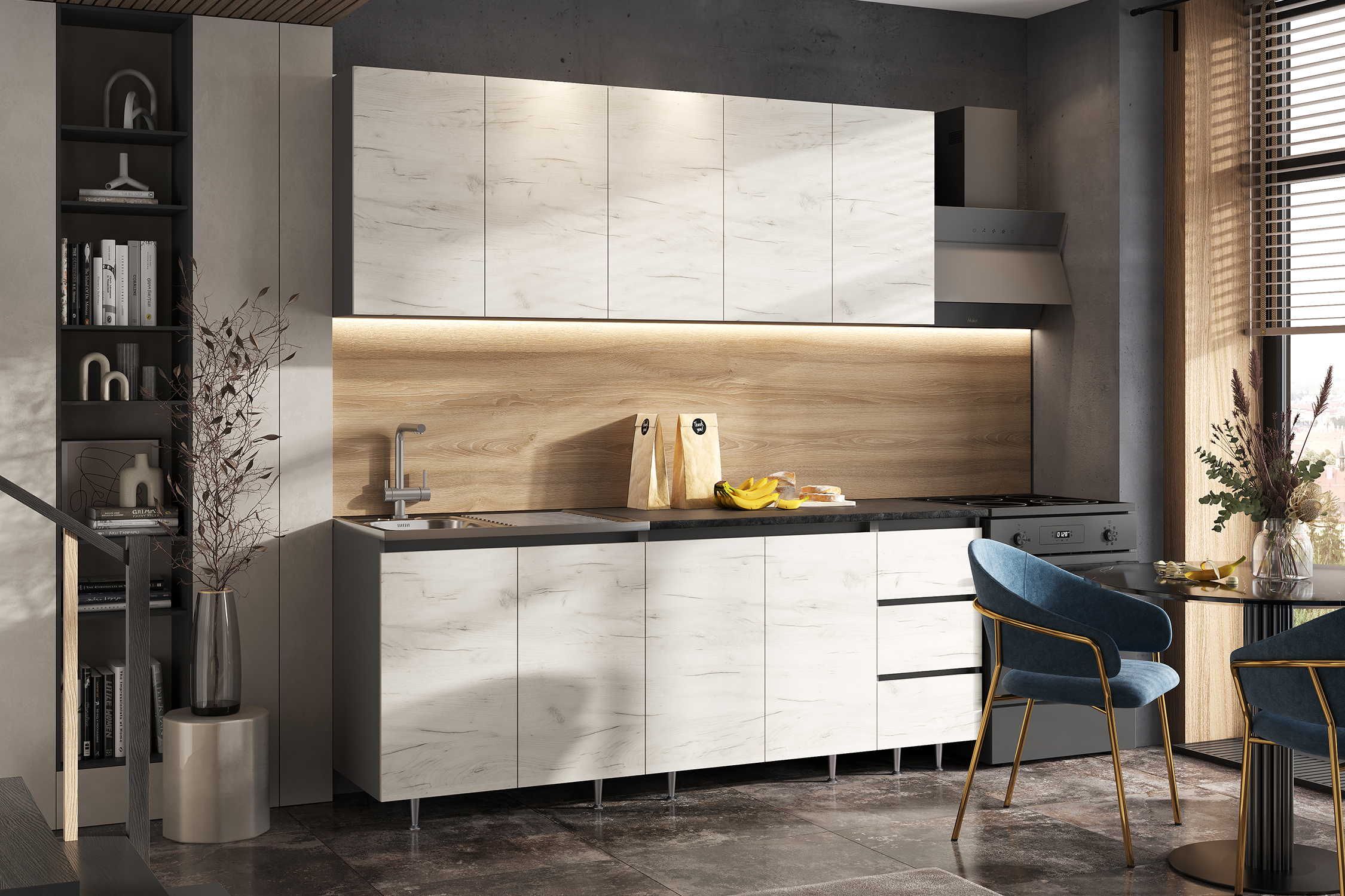 Кухня Челси 2,0м (Дуб Крафт Белый/Графит (Кастилло))