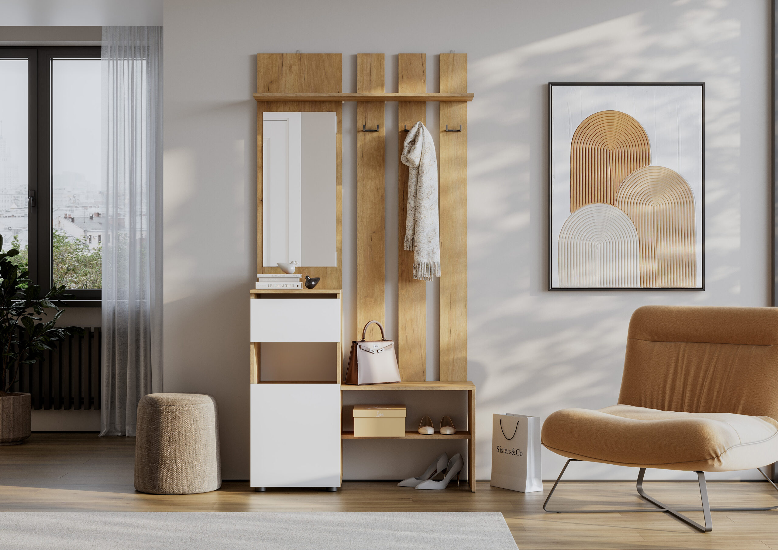 Модульная система "Денвер" Вешалка с зеркалом (Дуб Золотой/Белый)