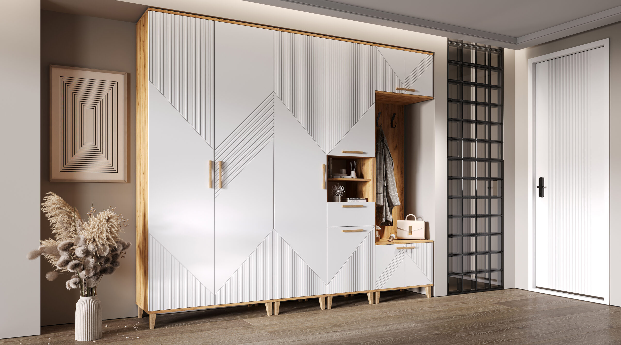 Прихожая Ирис, Браш Вайт, Дуб крафт. Комплект 1