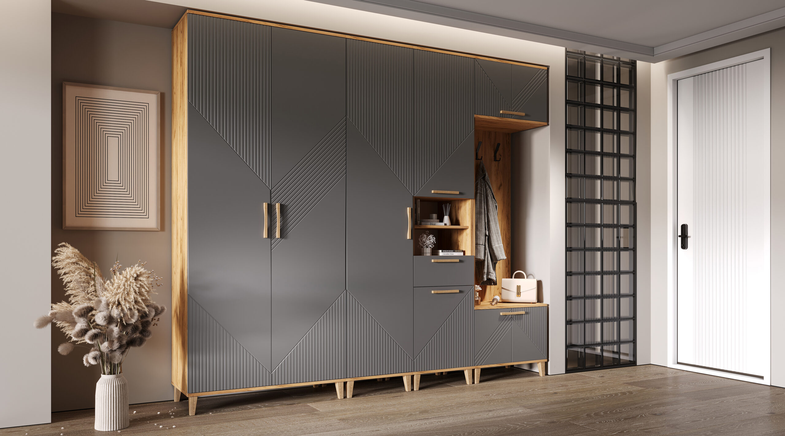 Прихожая Ирис, Браш Графит, Дуб крафт. Комплект 2