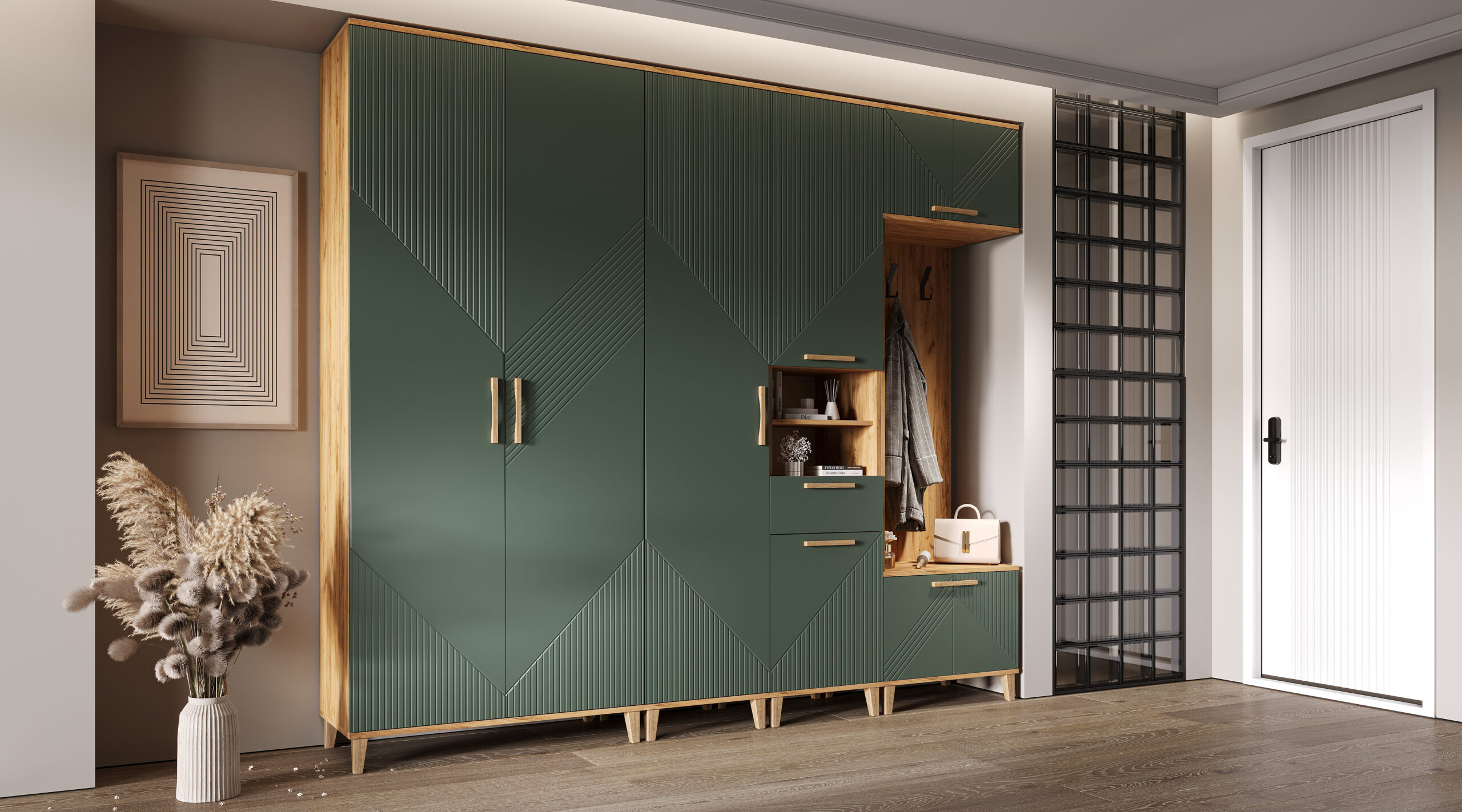 Прихожая Ирис, Браш Мени Грин, Дуб Крафт. Комплект 5