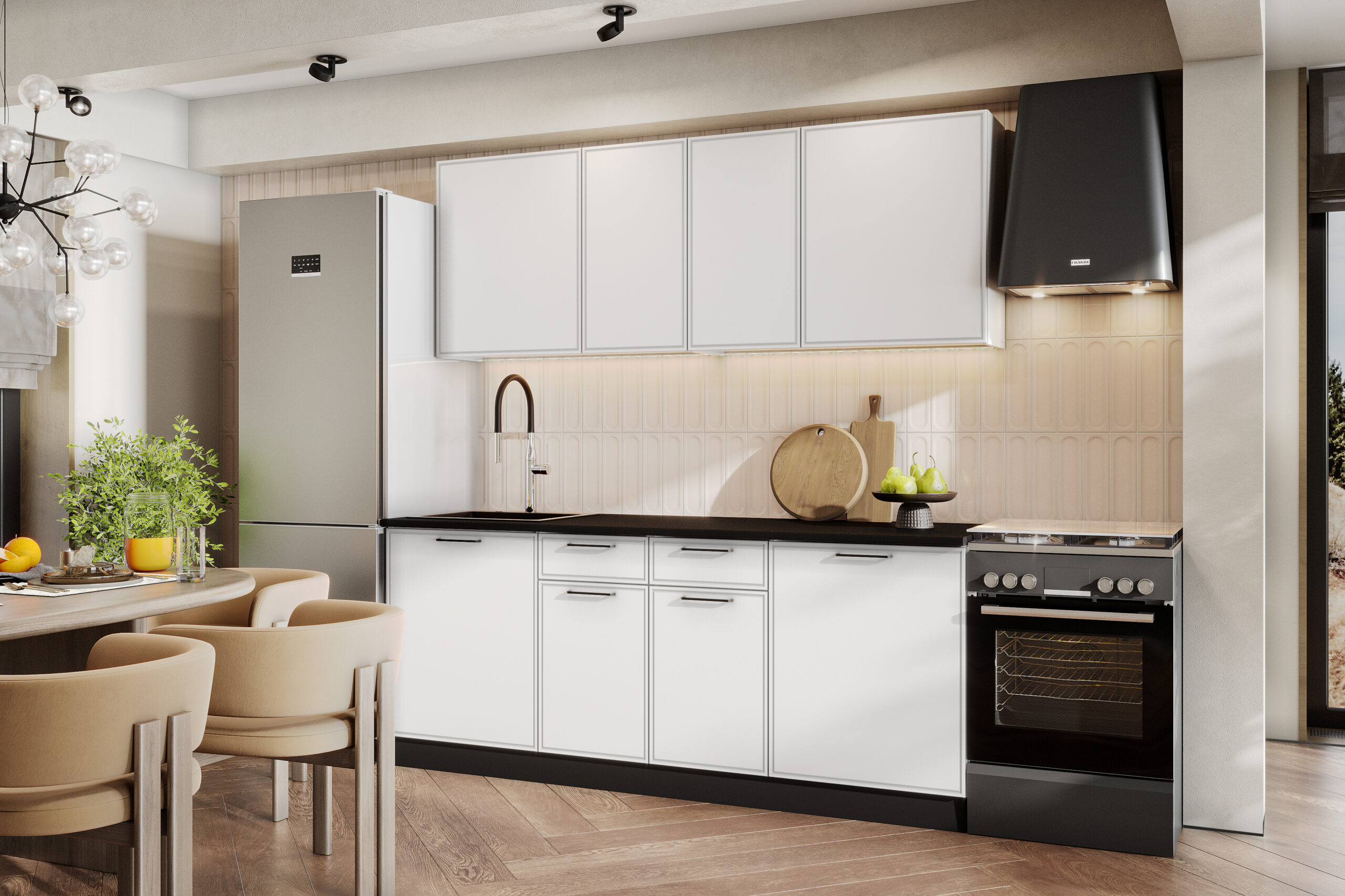 Кухонный гарнитур "Арнуво" 2,0м (Белый/Бланж/Черный)