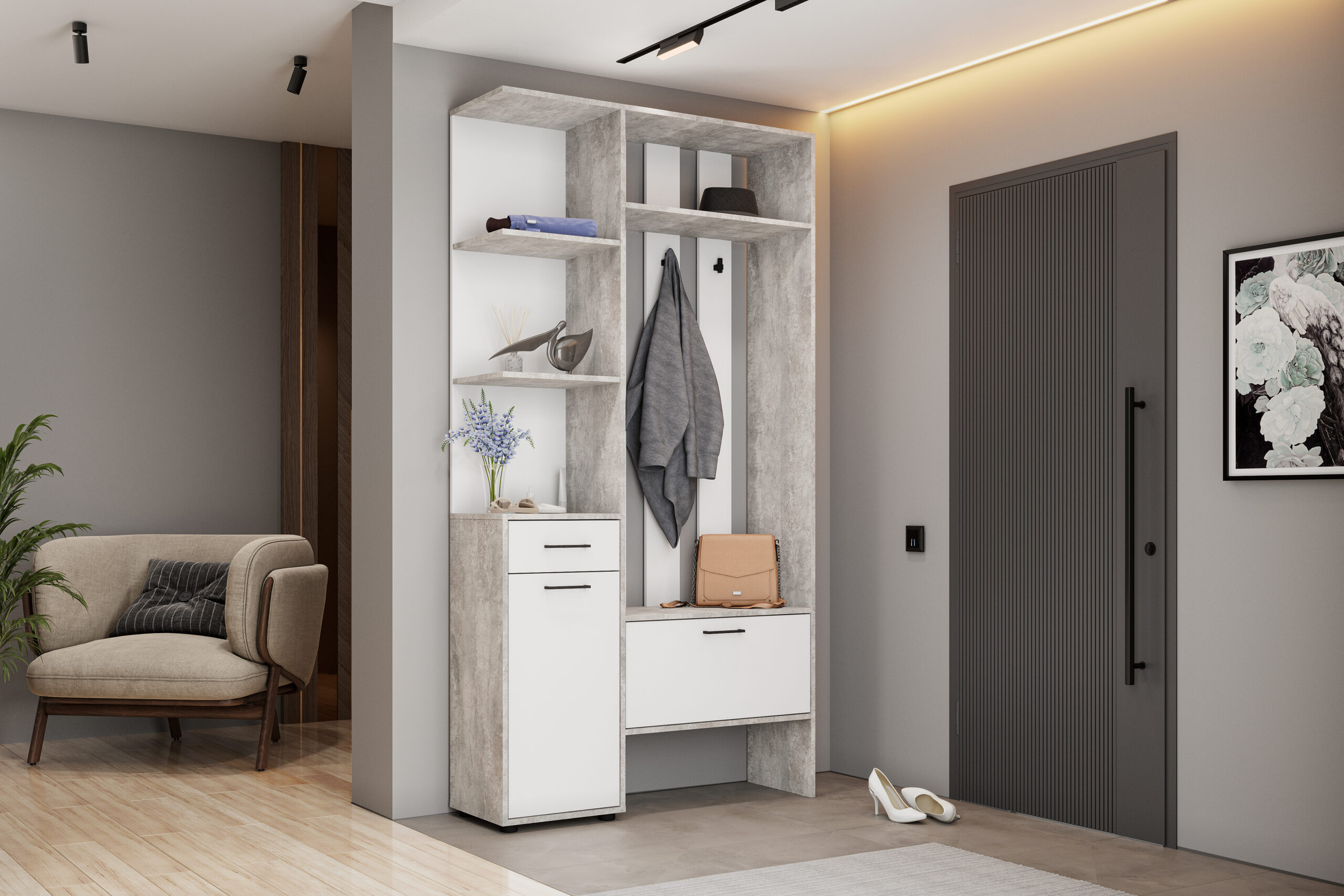 Прихожая "ПР 3" (Цемент светлый/Белый)